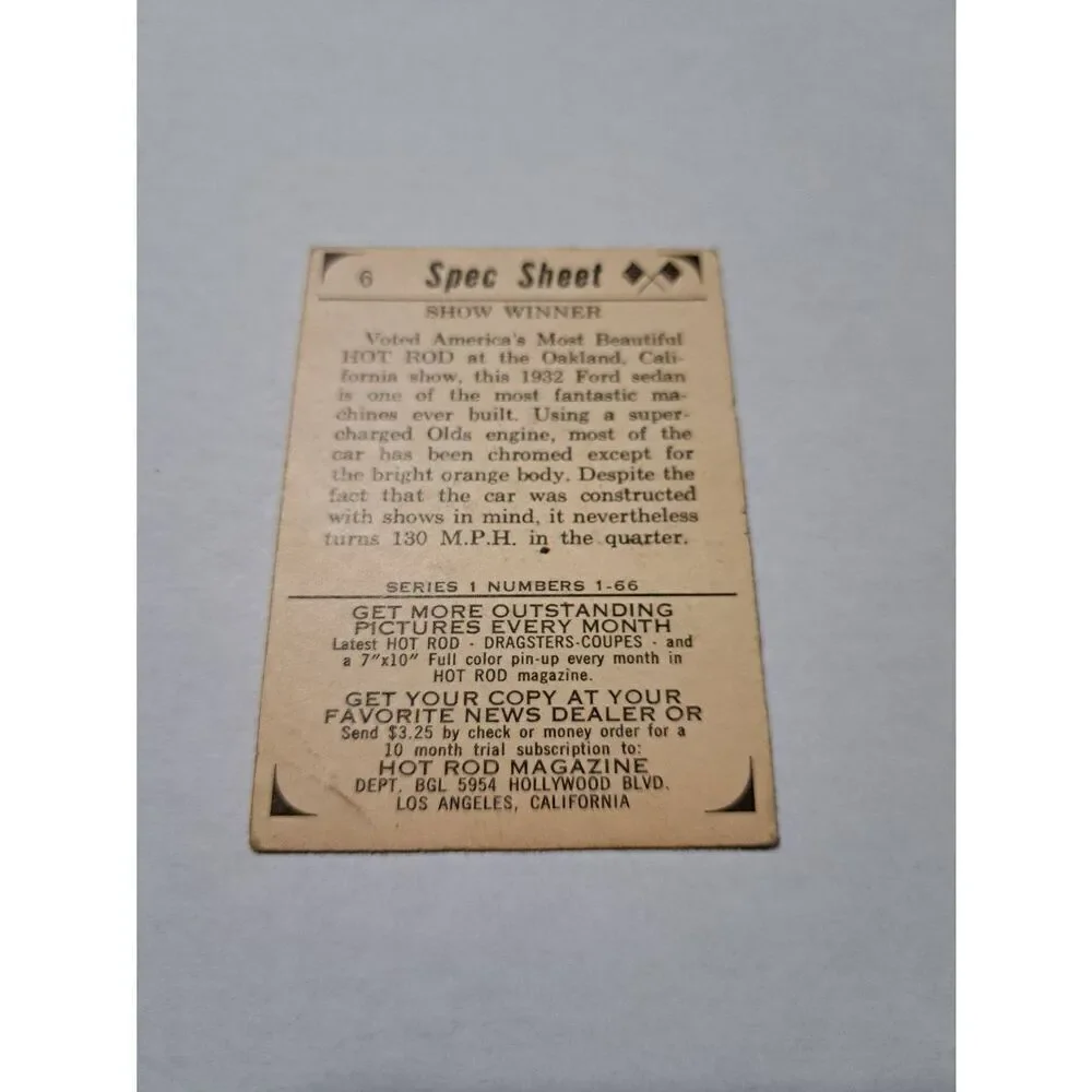 Vintage 1965 Hot Rod Magazine Trading Card #6 Spec Sheet 1932 Ford Sedan